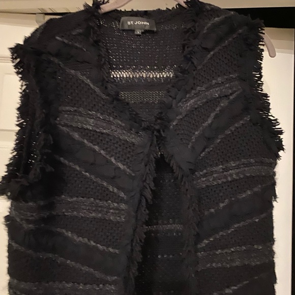St. John wool black fringe sleeveless cardigan small - Picture 4 of 7